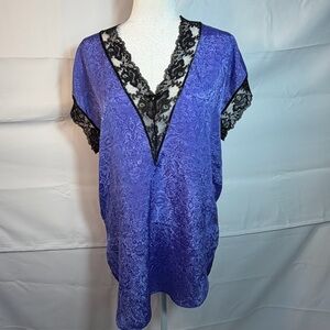 Vintage Madelon Louden Women’s One Size Purple W/Black Lace Silky Sexy Gown